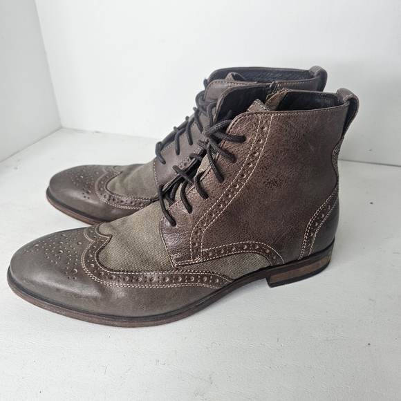John Varvatos Wingtip Boots Mens Size 9 M Brown Leather Canvas Zipper Hipster - Picture 1 of 16